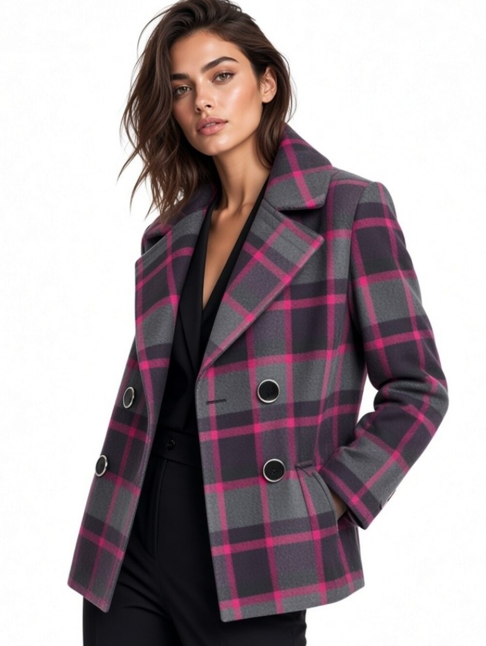 Worthington Women's Gray &Pink Plaid Double-Breasted Lightweight  Peacoat(Sz:1x)